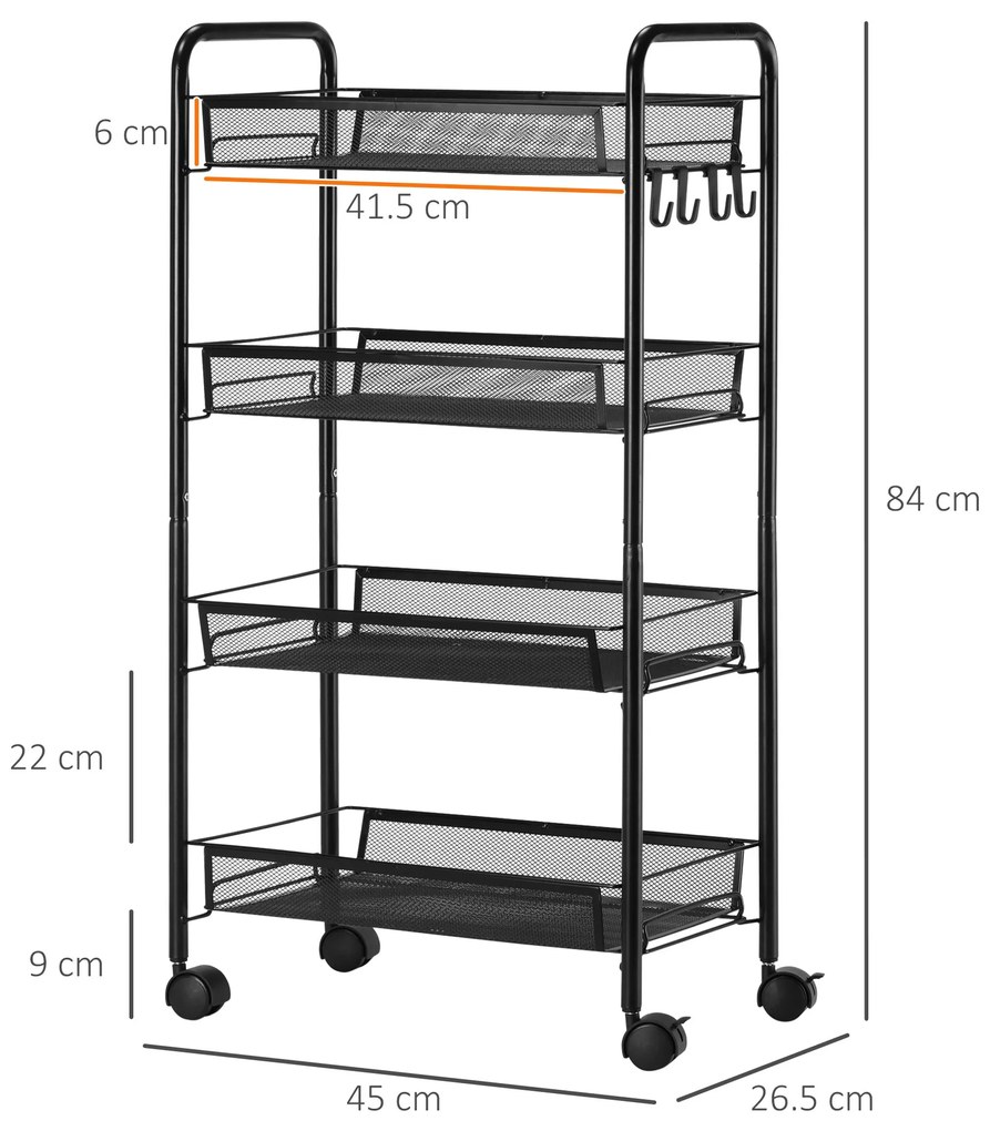 HOMCOM Cărucior Utilitar cu 4 Niveluri, Design Rulant cu Coșuri de Plasă și Cârlige, 45x26.5x84cm, Ideal pentru Bucătărie și Birou | Aosom Romania