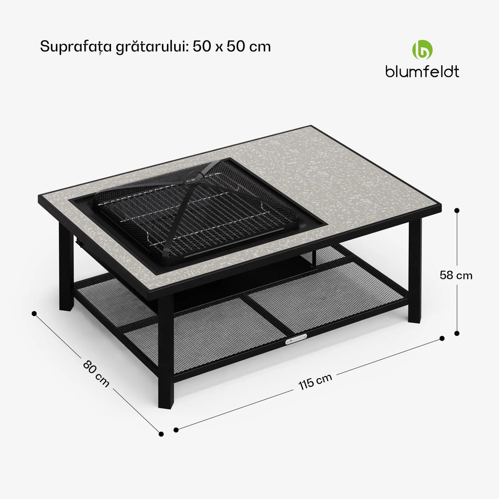 Merano Avanzato L șemineu 3 în 1 cu funcție grill, poate fi folosit ca masă 122 x 87 cm