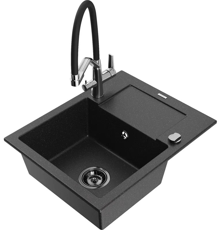 Mexen Enzo chiuvetă de granit cu o cuvă cu picurător și baterie de bucătărie Duo, negru/argintiu metalizat
