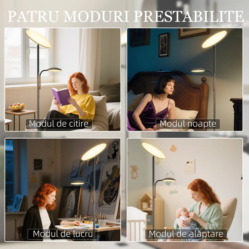 HOMCOM Lampă de Podea cu 2 Surse de Lumină Reglabile pe 4 Niveluri și Telecomandă, Neagră | Aosom Romania