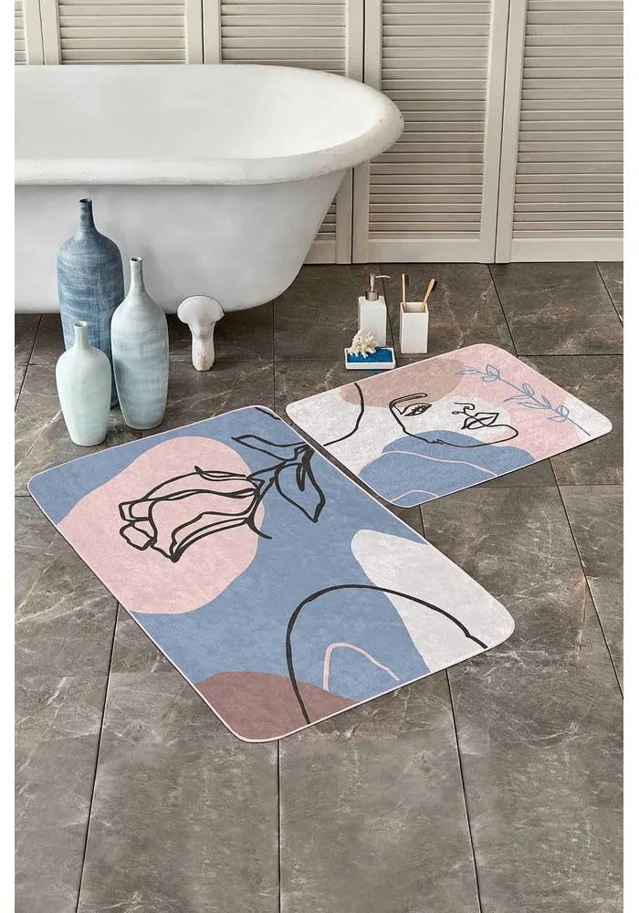 Covorașe de baie albastre/roz 2 buc. din catifea 60x100 cm Abstract Faces – Mila Home