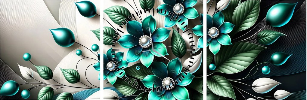 Tablou - Flori turcoaz 3D (cu ceas) (90x30 cm)
