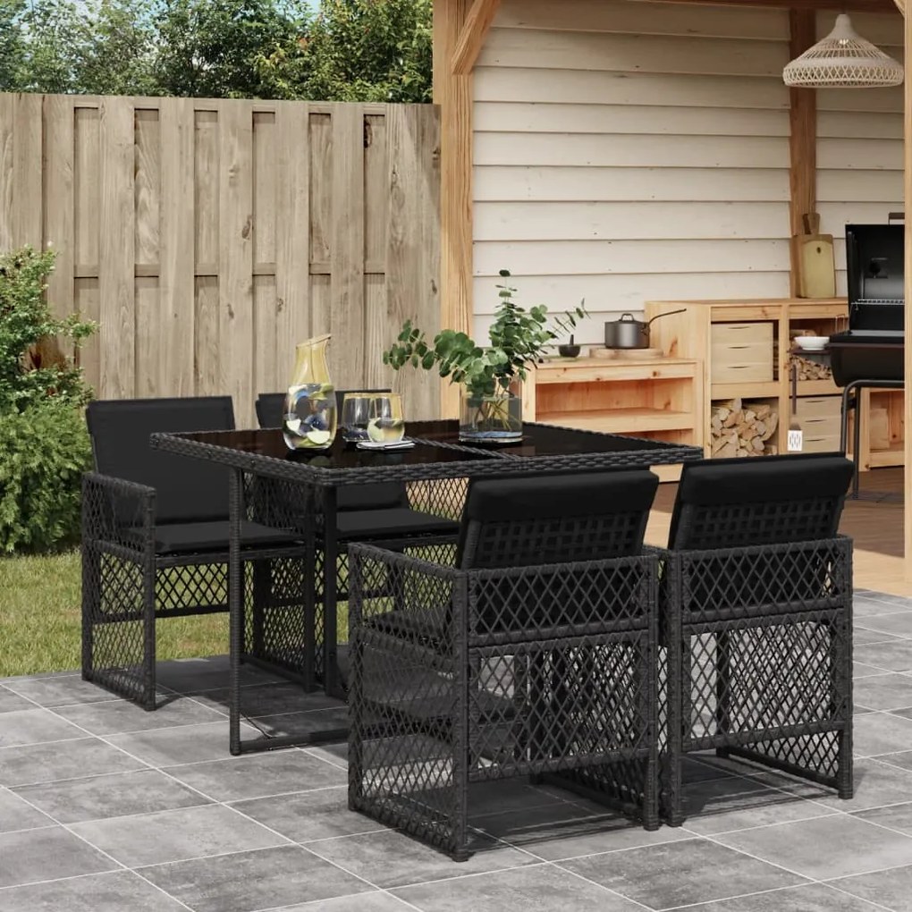 3210715 vidaXL Set mobilier de grădină cu perne, 5 piese, negru, poliratan