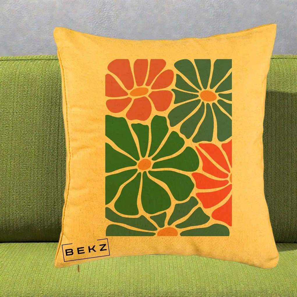 Perna Decorativa Flori Grafice Verde-Roz-Albastru, 40x40 cm, Galben, Husa Detasabila, Perna Inclusa, BEKZ®