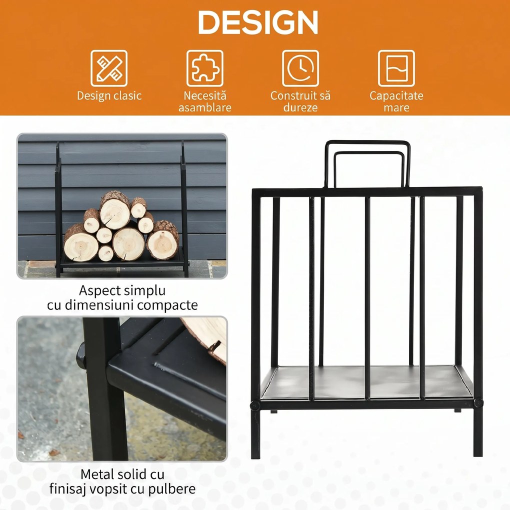 Outsunny Suport pentru Lemne pentru Interior și Exterior cu 2 Mânere, 44,5x33x46,5 cm, Negru | Aosom Romania