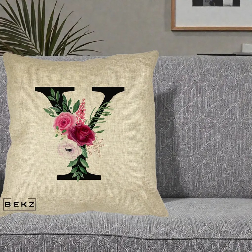 Cadou Personalizat - Perna Personalizata Monograma Florala Litera Y cu Buchet, 40x40 cm, Crem, Husa Detasabila, Perna Inclusa, BEKZ®