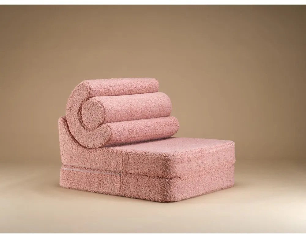 Fotoliu pentru copii roz cu tapițerie din țesătură bouclé Flipster – Wigiwama