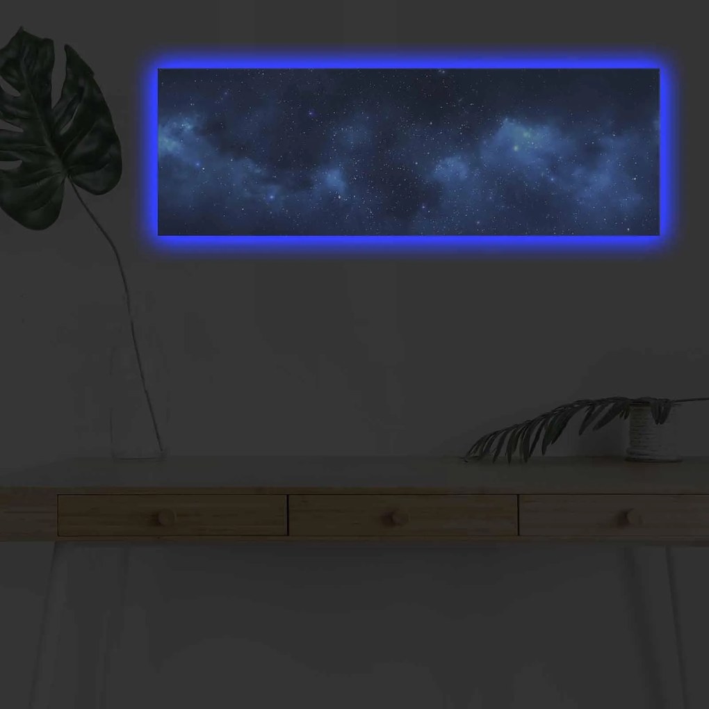 Tablou Canvas cu Led Galaxie fara Priza, Albastru, 90x3x30 cm