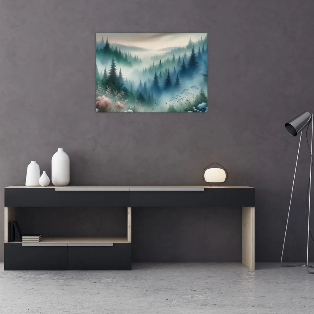 Tablou pe sticlă - Peisaj forestier cu ceață (70x50 cm)