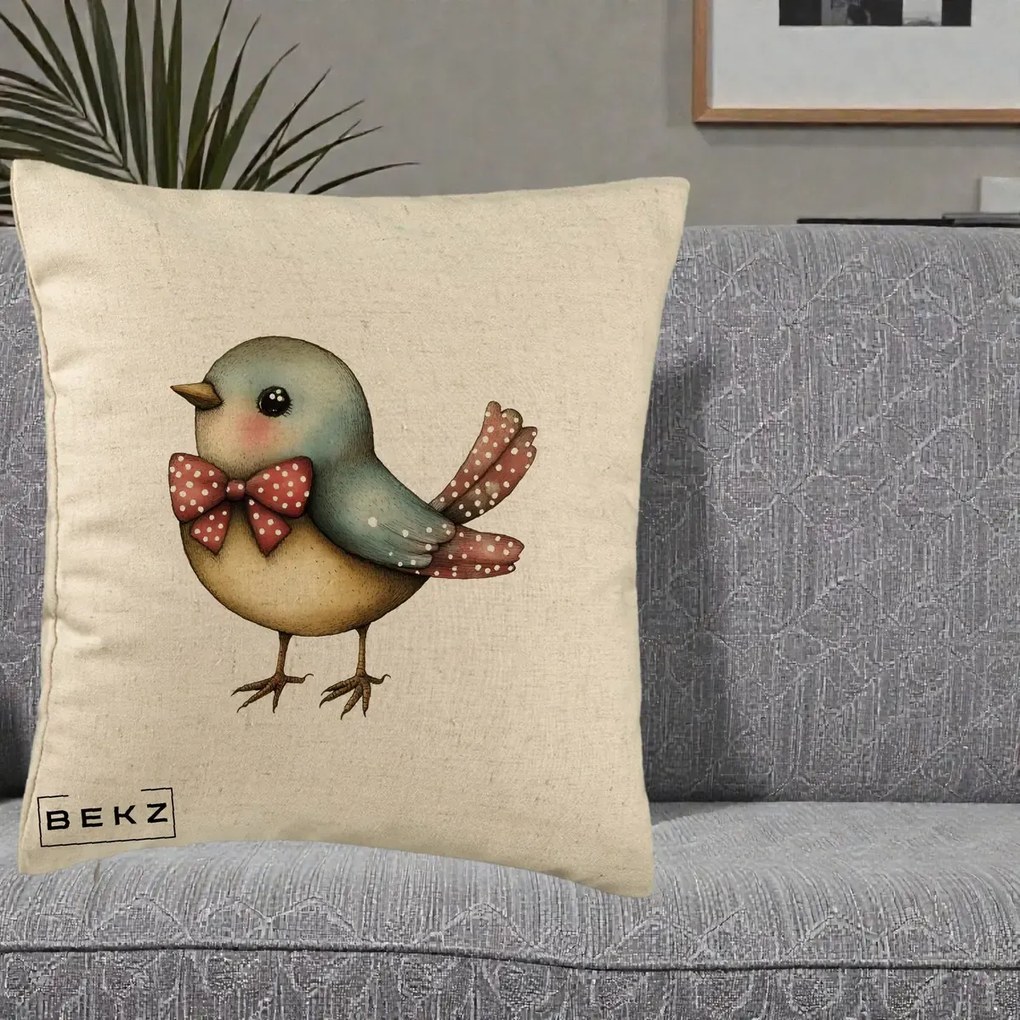 Perna Decorativa Pasare Bleu cu Fundita Rosie, 40x40 cm, Bej, Husa Detasabila, Perna Inclusa, BEKZ®