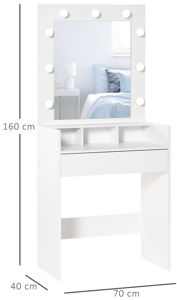 HOMCOM Masuta de Toaleta pentru Camera cu Oglinda 9 Lumini LED, Masa de Machiaj cu Sertar si Compartimente Deschise 70x40x160cm, Alb