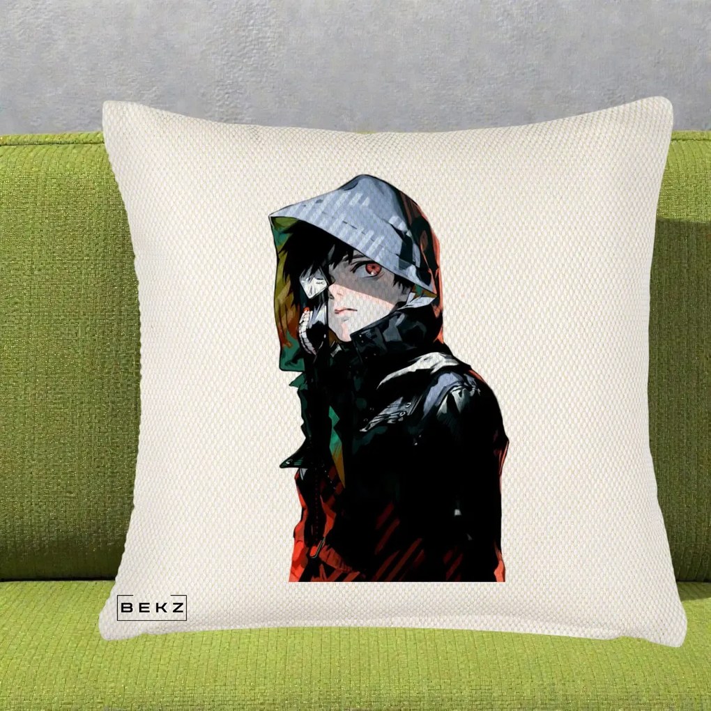 Perna Personalizata Tokyo Ghoul Ken Kaneki cu Masca si Gluga, 40x40 cm, Crem Reliefat, Husa Detasabila, Perna Inclusa, BEKZ®