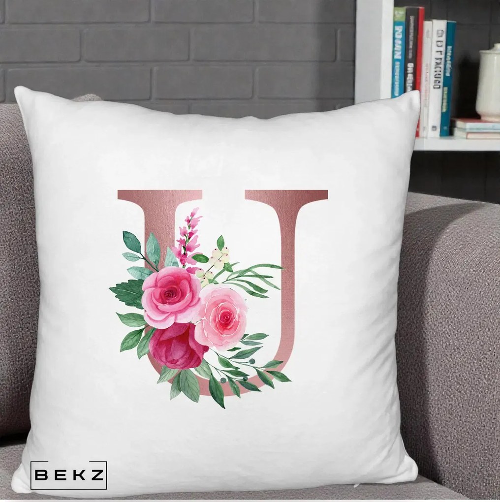Cadou Personalizat - Perna Personalizata Monograma Rose Gold Litera U, 40x40 cm, Alb Pufos, Husa Detasabila, Perna Inclusa, BEKZ®