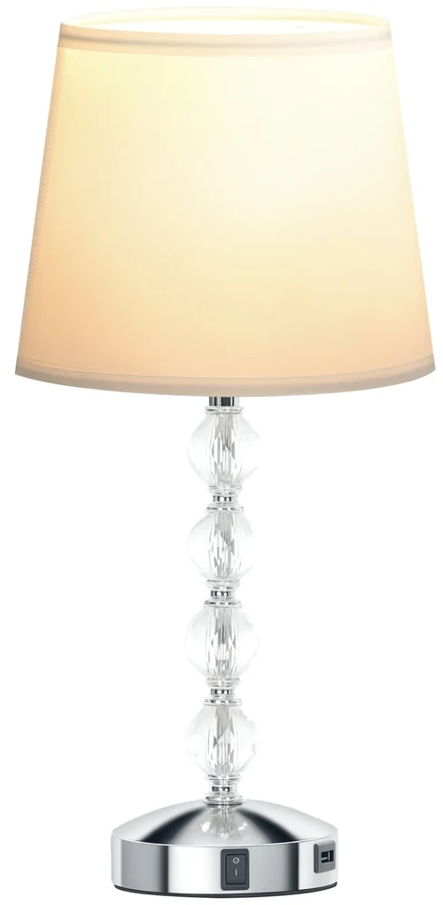 HOMCOM Lampă de Masă cu Buton și Port USB, Lampă Modernă din Metal, Sticlă și Poliester, Ø23x45 cm, Argintiu | Aosom Romania