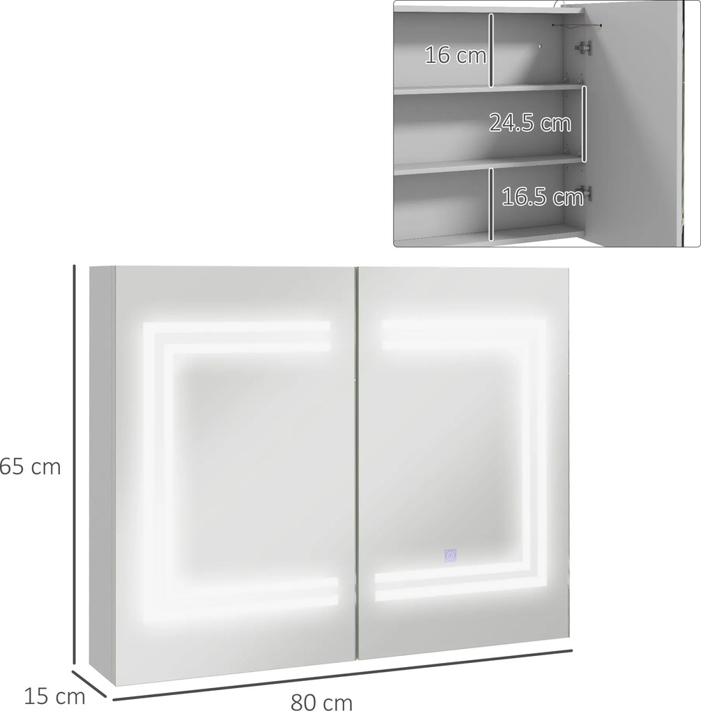 kleankin Oglindă Baie cu Dulap și LED, 80 x 65cm, Ușă Soft Close, Reglabilă pe 3 Culori, Rafturi Ajustabile, Alb Lucios | Aosom Romania