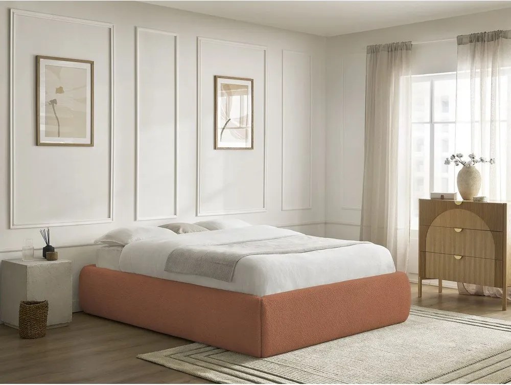 Pat matrimonial portocaliu tapițat cu spațiu de depozitare/fără tăblie cu somieră 160x200 cm Inera – Bobochic Paris