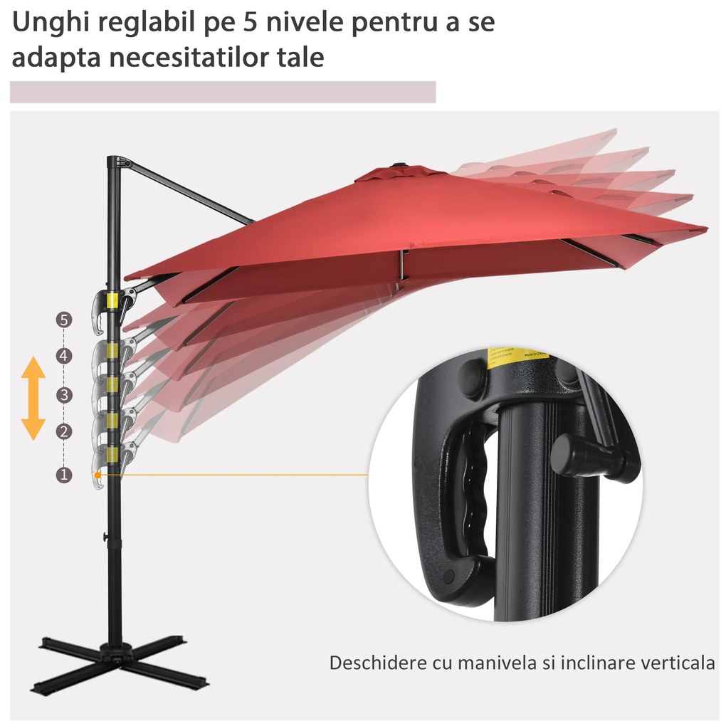 Outsunny Umbrelă de Grădină cu Manivelă de Mână cu Unghi Reglabil pe 5 Niveluri și Rotație la 360°, 245x245x248 cm, Roșu