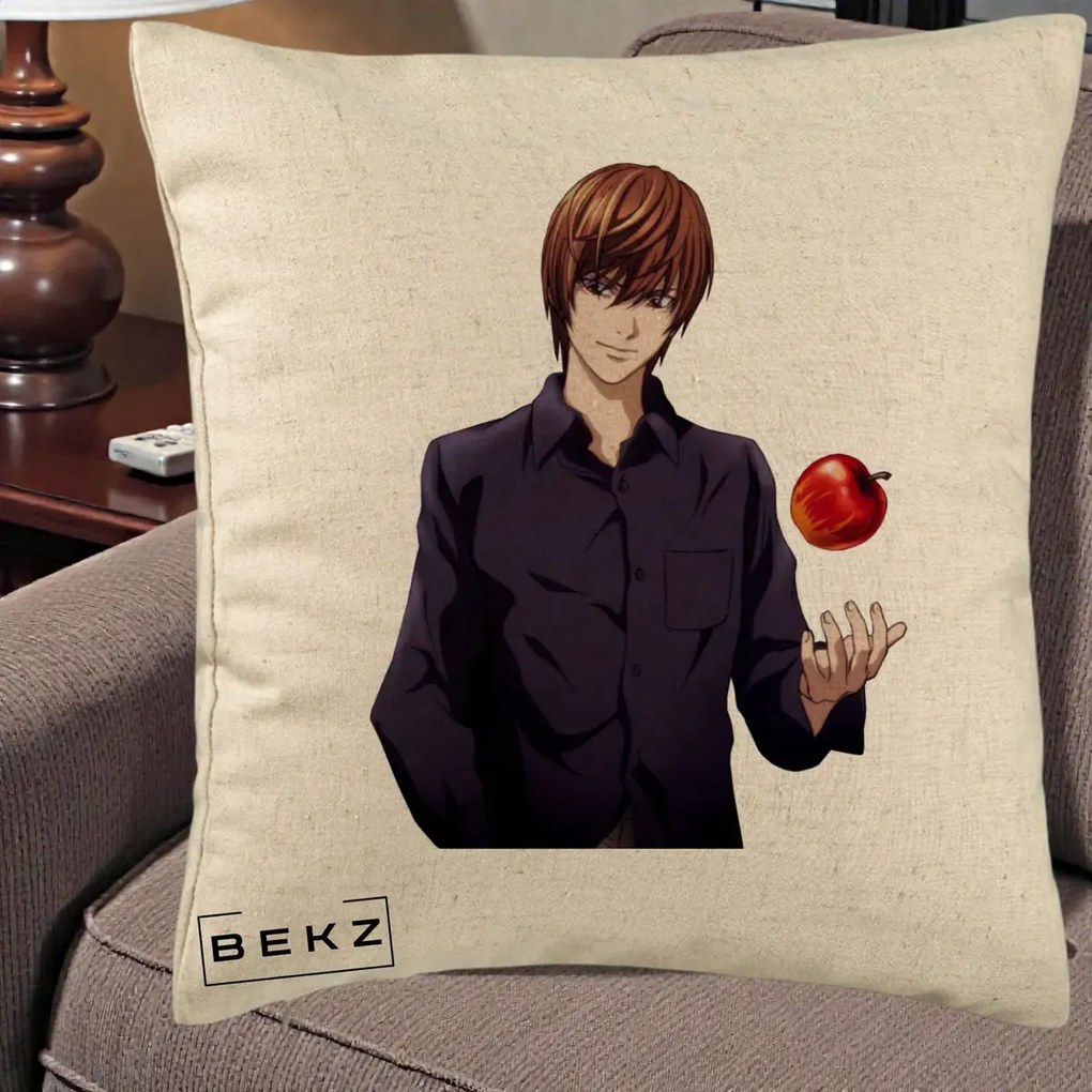 Perna Personalizata Death Note Light Yagami cu Mar, 40x40 cm, Bej, Husa Detasabila, Perna Inclusa, BEKZ®