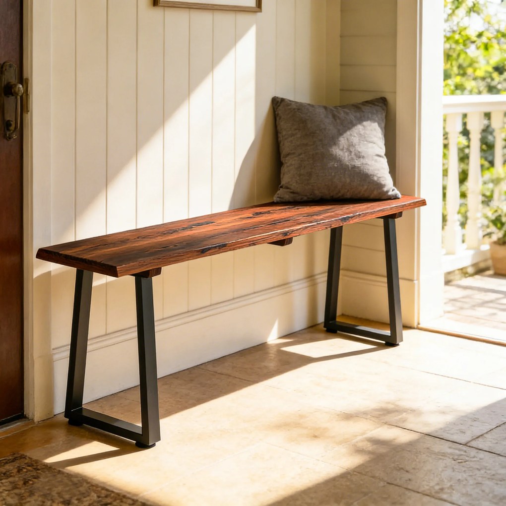 Outsunny Banc de grădină din lemn fără spătar, picioare trapezoidale din oțel, 2 locuri cu aspect de lemn, 150x28x48 cm, carbonizat | Aosom Romania