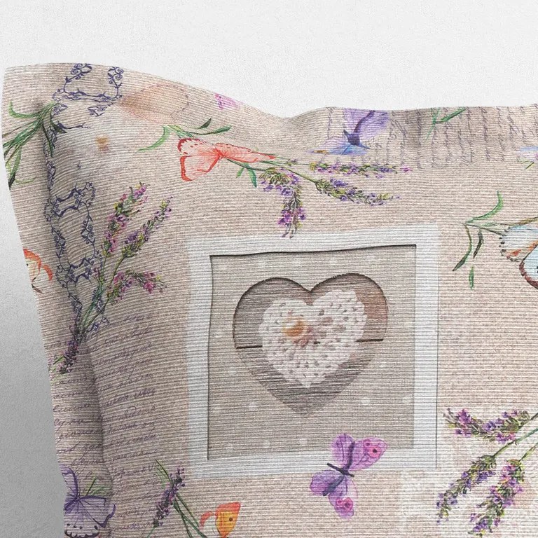 Goldea față de pernă cu tiv decorativ loneta - inimioare cu fluturi și lavandă pe bej 30 x 50 cm