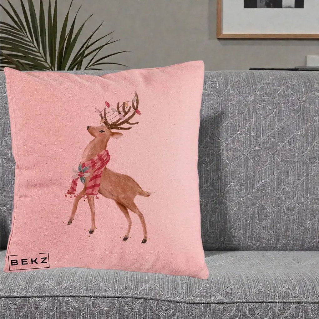 Perna Decorativa Renita cu Fular si Luminite, 40x40 cm, Roz, Husa Detasabila, Perna Inclusa, BEKZ®