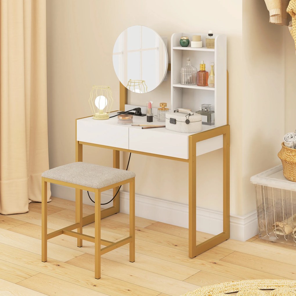 HOMCOM Masă de machiaj cu oglindă și taburet, stație de încărcare, masă de machiaj cu 2 sertare, 3 rafturi deschise, alb | Aosom Romania