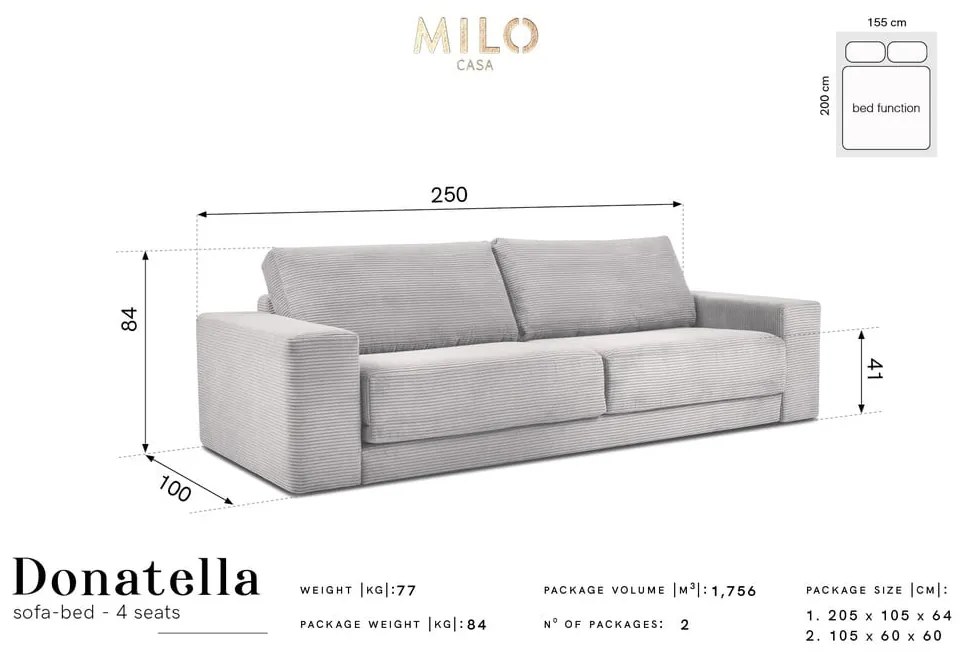 Canapea turcoaz extensibilă cu tapițerie din catifea reiată 250 cm Donatella – Milo Casa