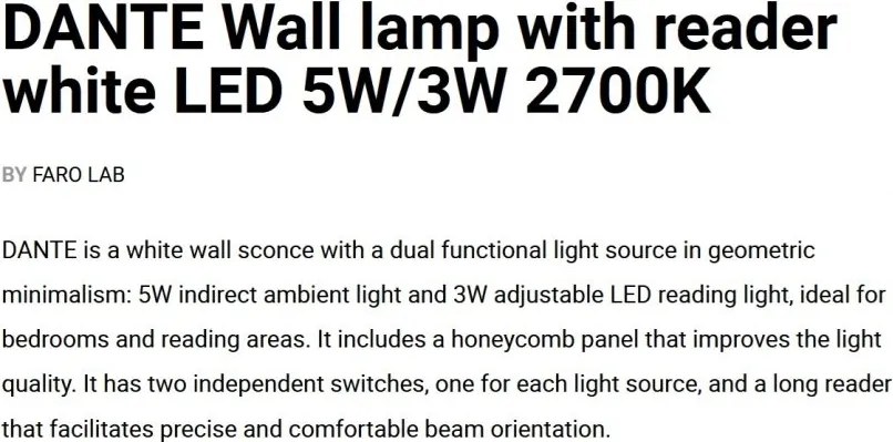 Aplica LED ambientala cu reader directionabil DANTE alba 5W/3W 2700K