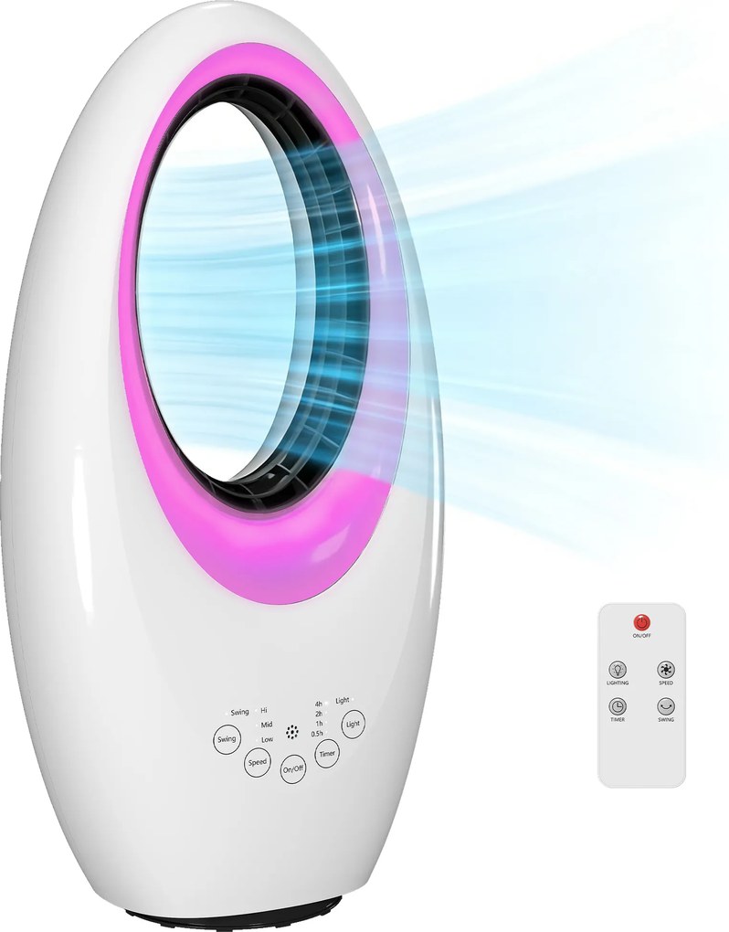 HOMCOM Ventilator turn fără pale, ventilator silențios 36 dB cu oscilație 60°, iluminare LED, 3 trepte de viteză, 7,5-Stunden-Timer, telecomandă | Aosom Romania