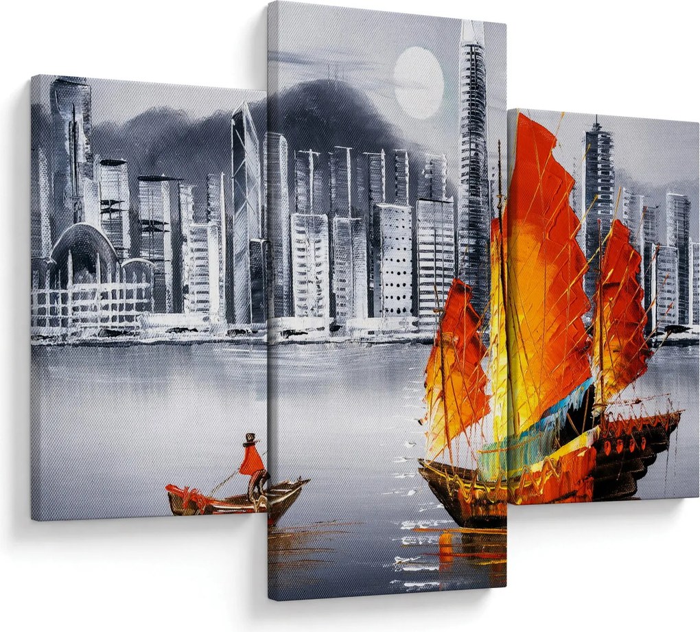 Tablou - Victoria Harbour, Hong Kong, pictură în ulei alb- negru (90x60 cm)