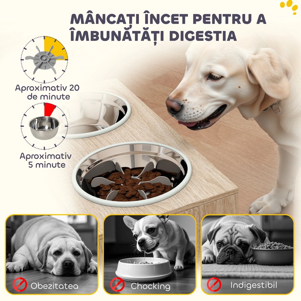 PawHut Suport pentru boluri pentru câini cu 2 boluri de 2L și dulap inferior, din lemn, 60x30x35,5 cm, stejar | Aosom Romania