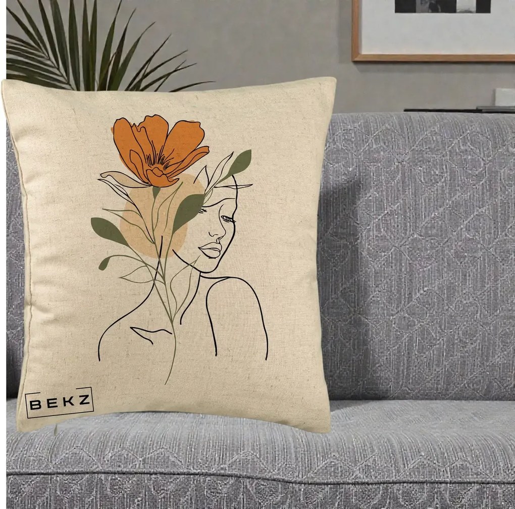 Perna Decorativa Portret Feminin Floare Portocalie, 40x40 cm, Bej, Husa Detasabila, Perna Inclusa, BEKZ®