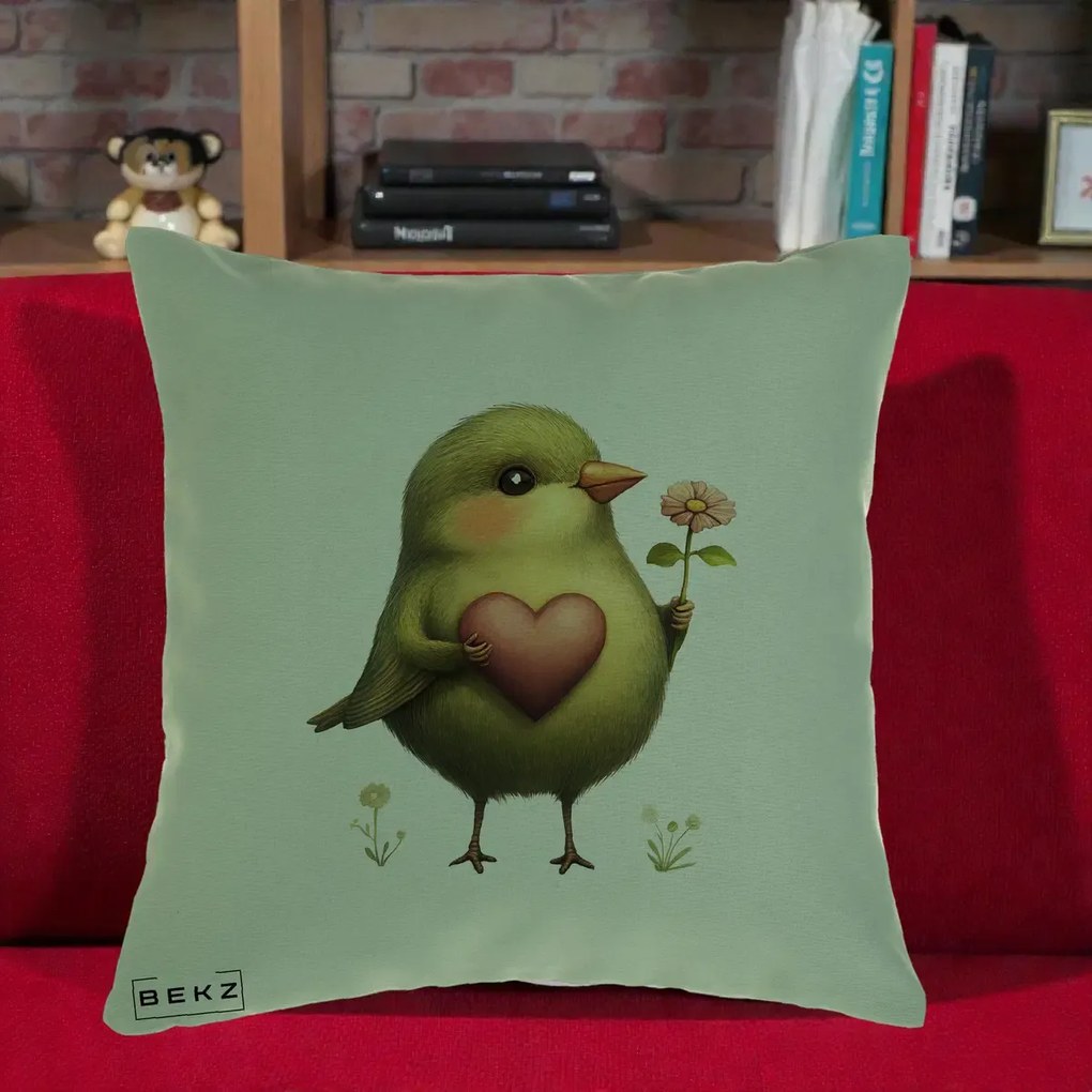 Perna Decorativa Pasare Verde cu Inima si Floare, 40x40 cm, Verde, Husa Detasabila, Perna Inclusa, BEKZ®