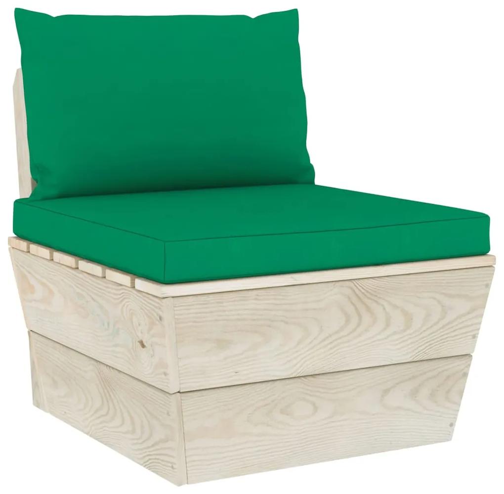 Set mobilier gradina din paleti cu perne, 11 piese, lemn molid Verde, 3x colt + 5x mijloc + masa + 2x suport pentru picioare, 1