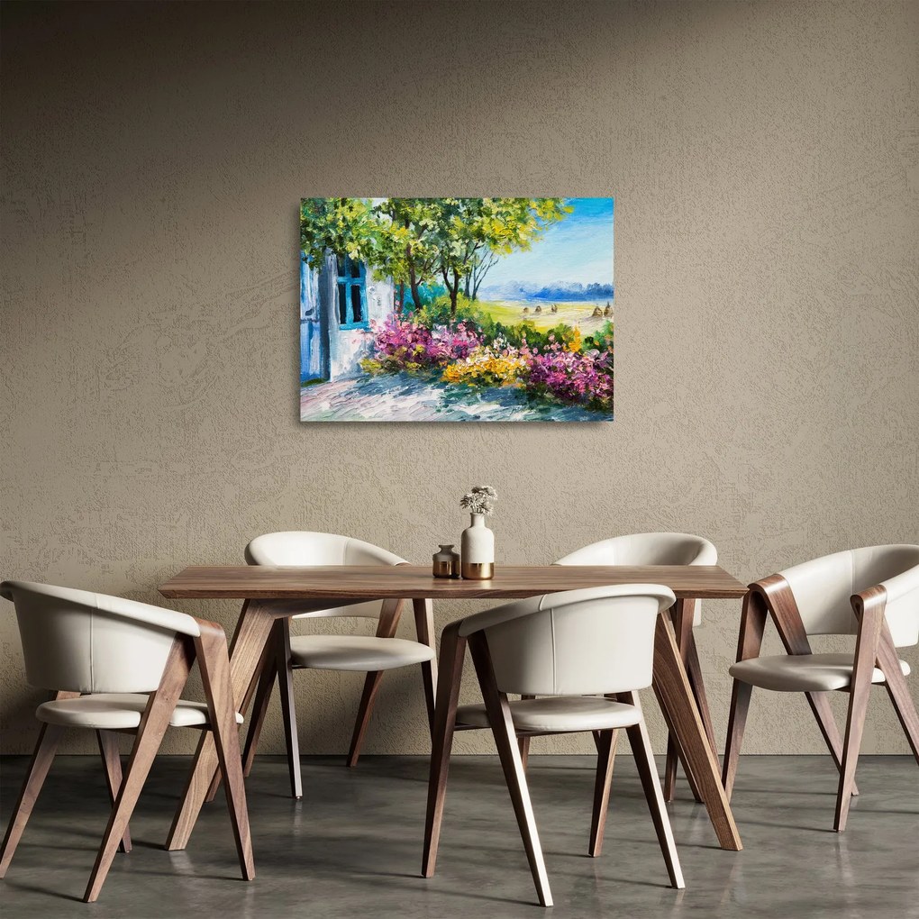 Tablou pe sticlă - Grădina din fața casei, pictură în ulei (70x50 cm)