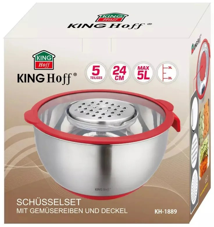 Bol multifunctioanal pentru salata Kinghoff KH 1889, 24 cm, 5 L, 3 razatori, Anti-alunecare, Inox / Rosu