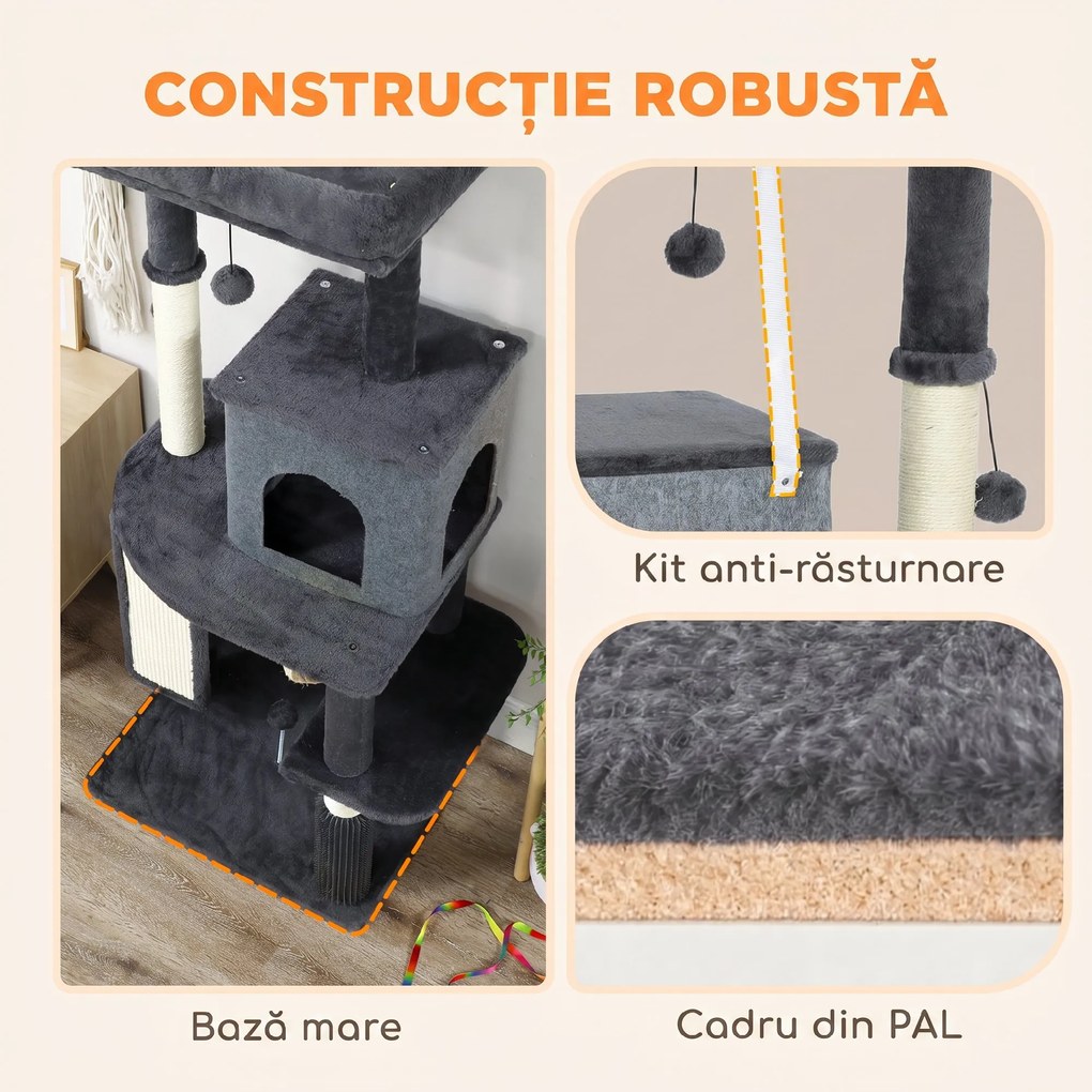 PawHut Ansamblu Multinivel pentru Pisici, 132 cm, cu Căsuță, Culcuș, Stâlpi de Zgâriat, Perie și Minge, Gri Închis | Aosom Romania