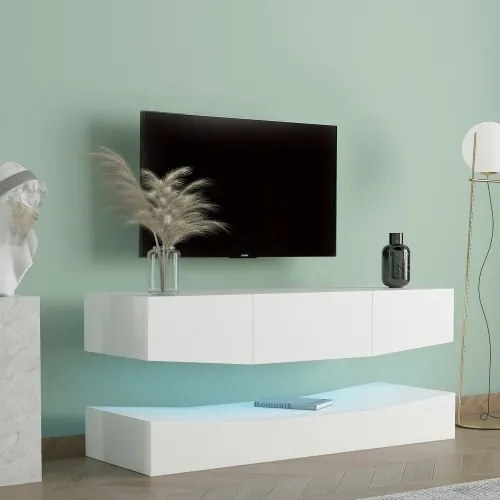 Mobilier TV Suspendat Modern cu Iluminare LED, 3 Rafturi, din PAL, 180x40 cm - Dulap TV Special, Alb