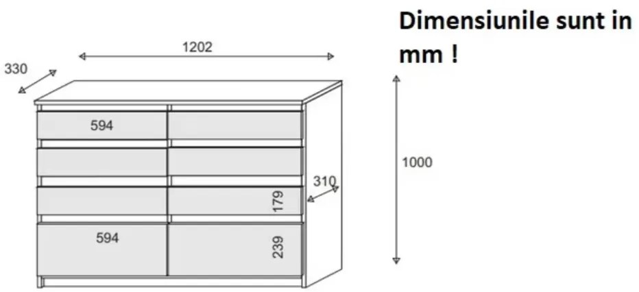 Comoda cu 8 sertare, 120x100x33 cm, stejar sonoma alb, pentru hol, living, dormitor, birou, Bortis Impex stejar sonoma/alb