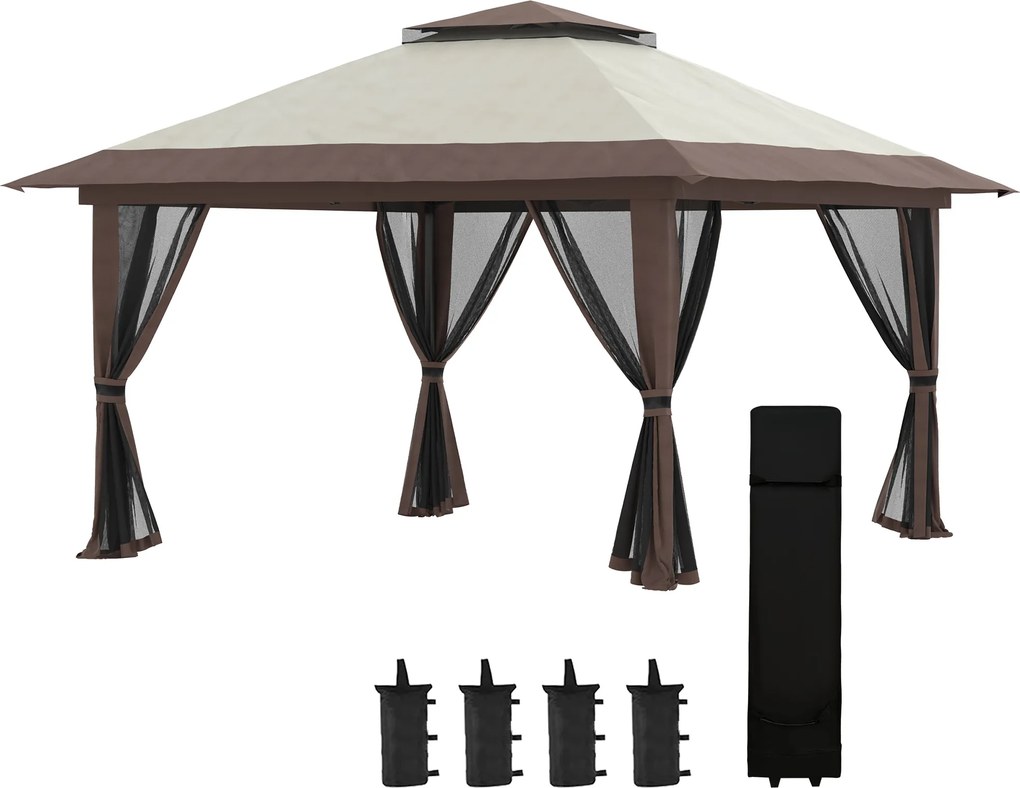 Outsunny Pavilion Pliabil Pop-Up 4x4 m cu Înălțime Reglabilă pe 3 Niveluri, Pavilion de Exterior cu Plasă de Țânțari, Saci de Nisip, Geantă de Transport, UV50+, pentru Grădină, Camping, Petreceri, Bej | Aosom Romania