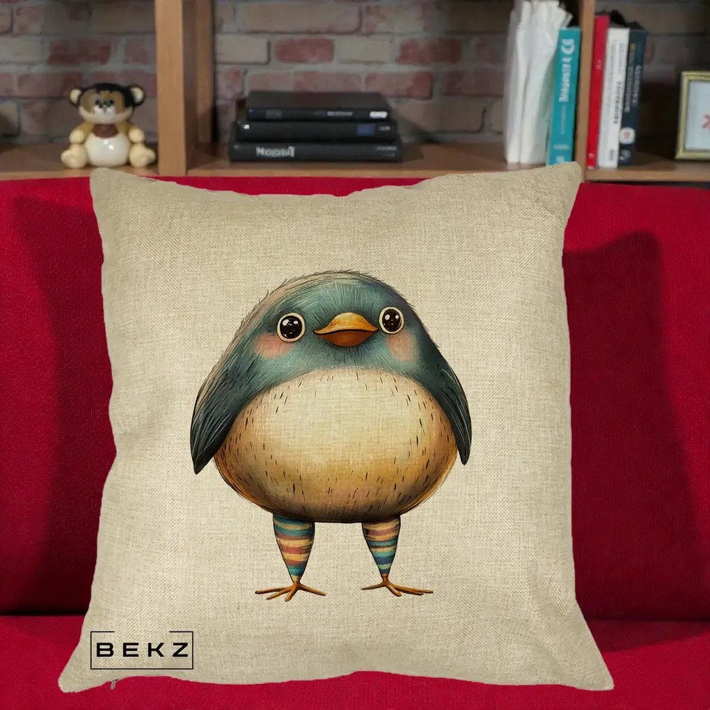 Perna Decorativa Pasare Teal-Bej cu Sosete Curcubeu, 40x40 cm, Crem, Husa Detasabila, Perna Inclusa, BEKZ®