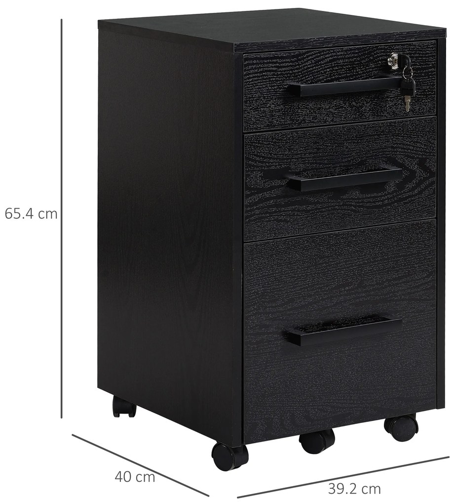 HOMCOM Comodă pentru Birou cu 3 Sertare și 5 Roți, Suport Documente, 39,2x40x65,4 cm, Negru | Aosom Romania