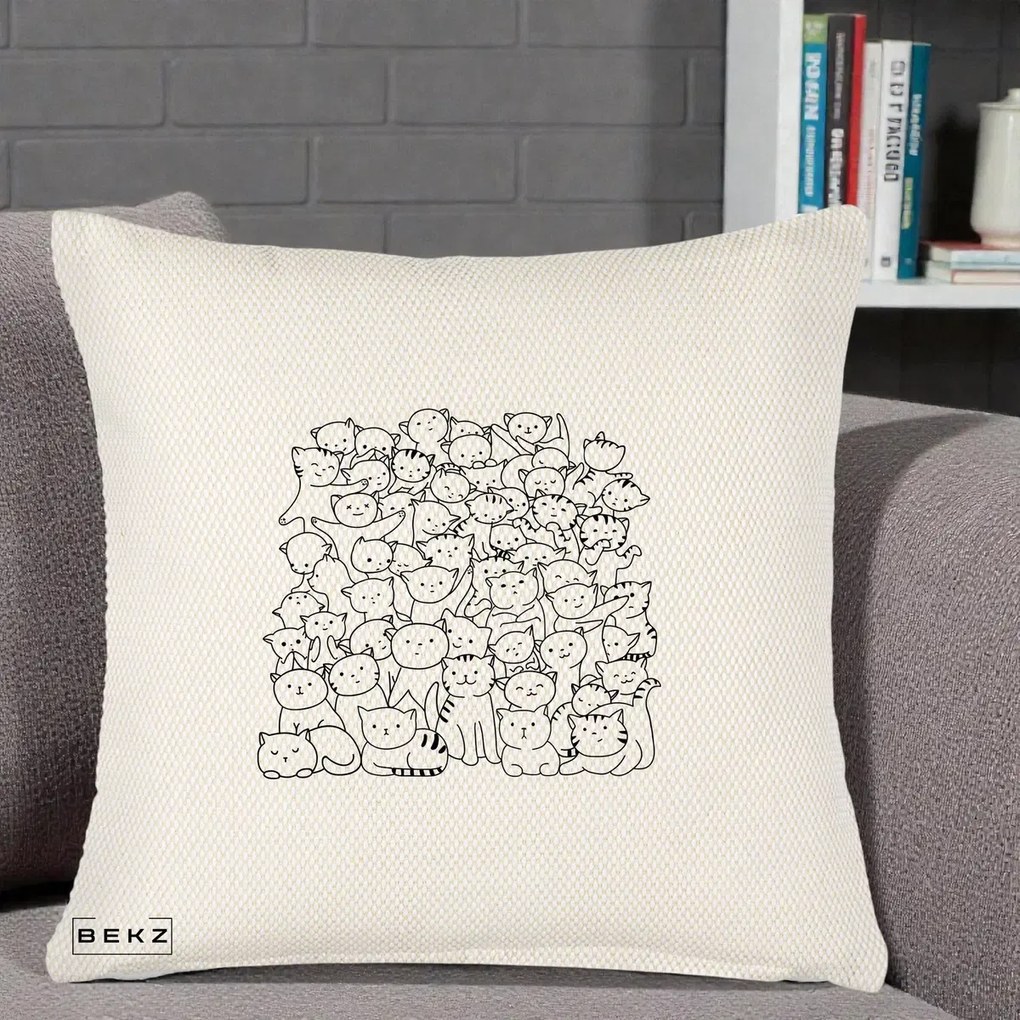 Perna Personalizata Many Cats Pattern Alb-Negru, 40x40 cm, Crem Reliefat, Husa Detasabila, Perna Inclusa, BEKZ®