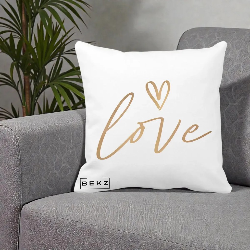 Perna Decorativa Love Caligrafie Aurie, 40x40 cm, Alba Mata, Husa Detasabila, Perna Inclusa, BEKZ®