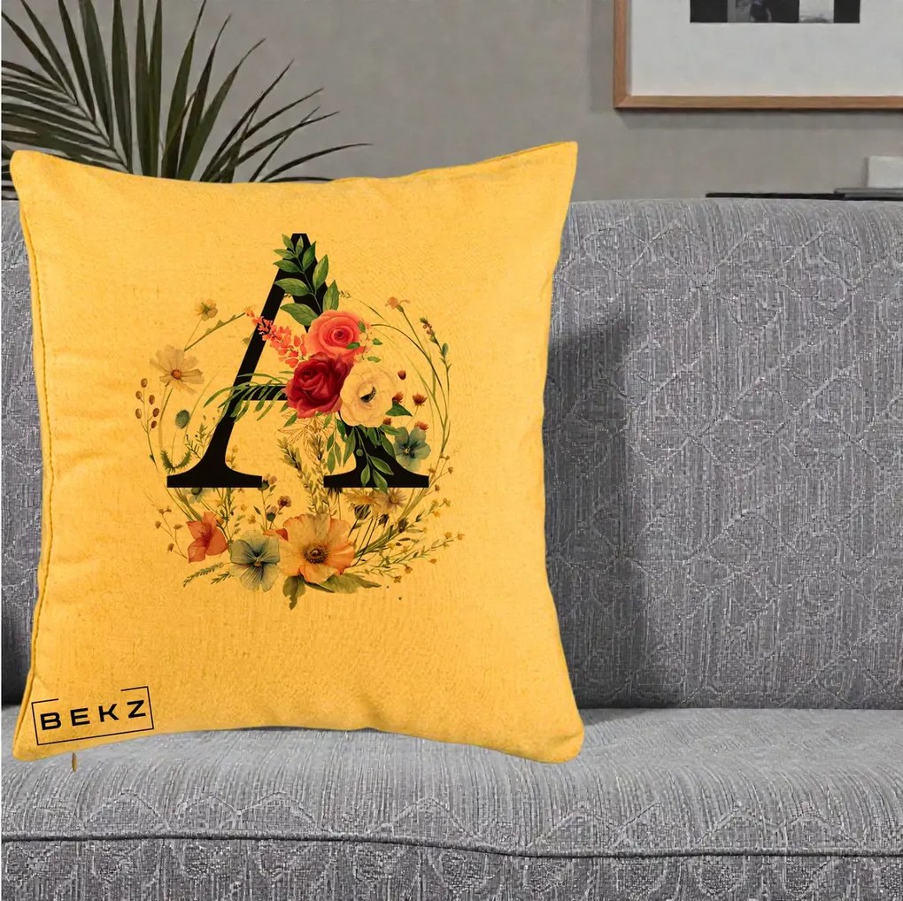 Cadou Personalizat - Perna Personalizata Monogram Litera A cu Flori Acuarela, 40x40 cm, Galben, Husa Detasabila, Perna Inclusa, BEKZ®
