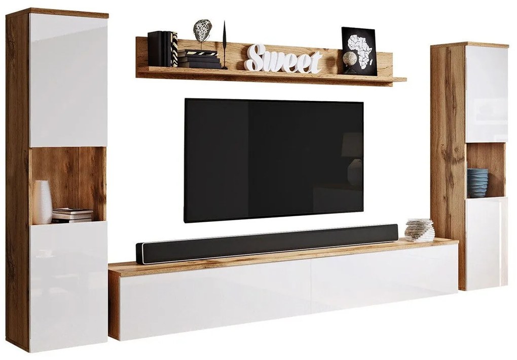 Mobilă pentru sufragerie Sarasota 131 Wotan stejar, Alb lucios, Cu comodă tv, Cu componente suplimentare, Părți separate, PAL laminat, 130x240x33cm, 74 kg