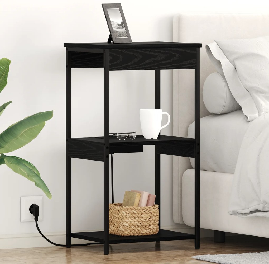 vidaXL Cabinet de noptiere cu stație de încărcare cu raft Stejar negru