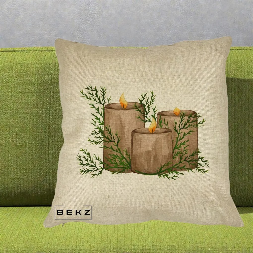 Perna Decorativa Lumanari Rustice cu Crengute Brad, 40x40 cm, Crem, Husa Detasabila, Perna Inclusa, BEKZ®