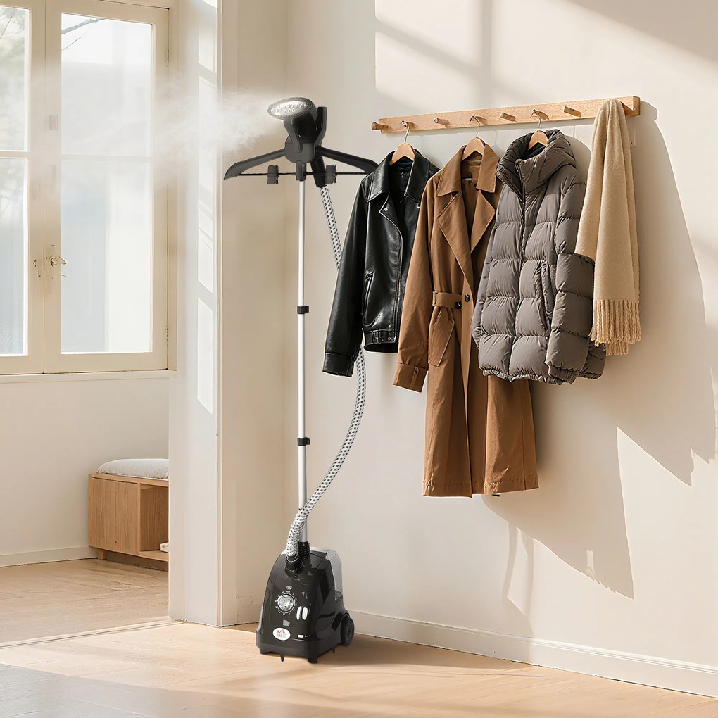 HOMCOM Aparat de Călcat Vertical cu Abur 1.4L cu Bară Extensibilă și 2 Roți Negru | Aosom Romania