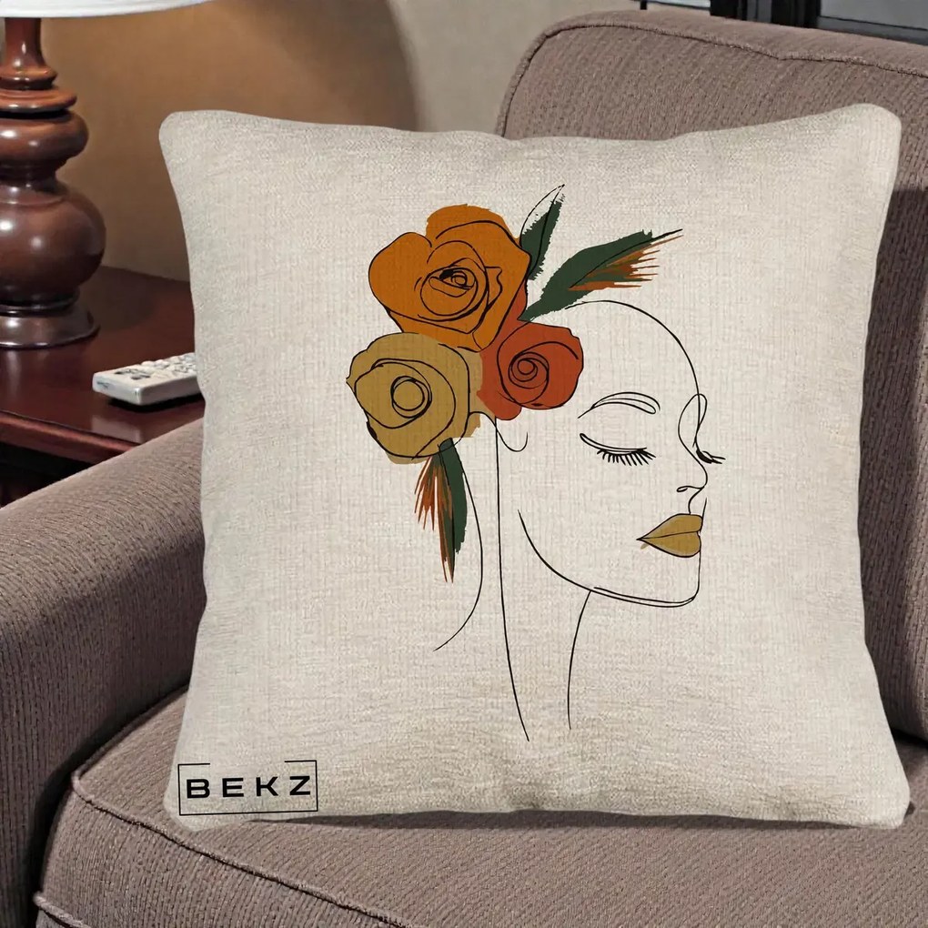 Perna Decorativa Portret Feminin Trandafiri Ruginii, 40x40 cm, Bej Canapea, Husa Detasabila, Perna Inclusa, BEKZ®